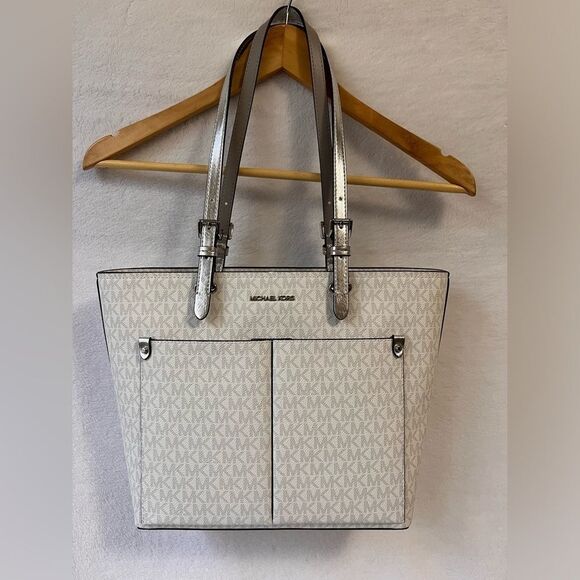 MK Jet Set Tote Bag Canvas Signature Logo All Over Print Front Pockets - Picture 1 of 5